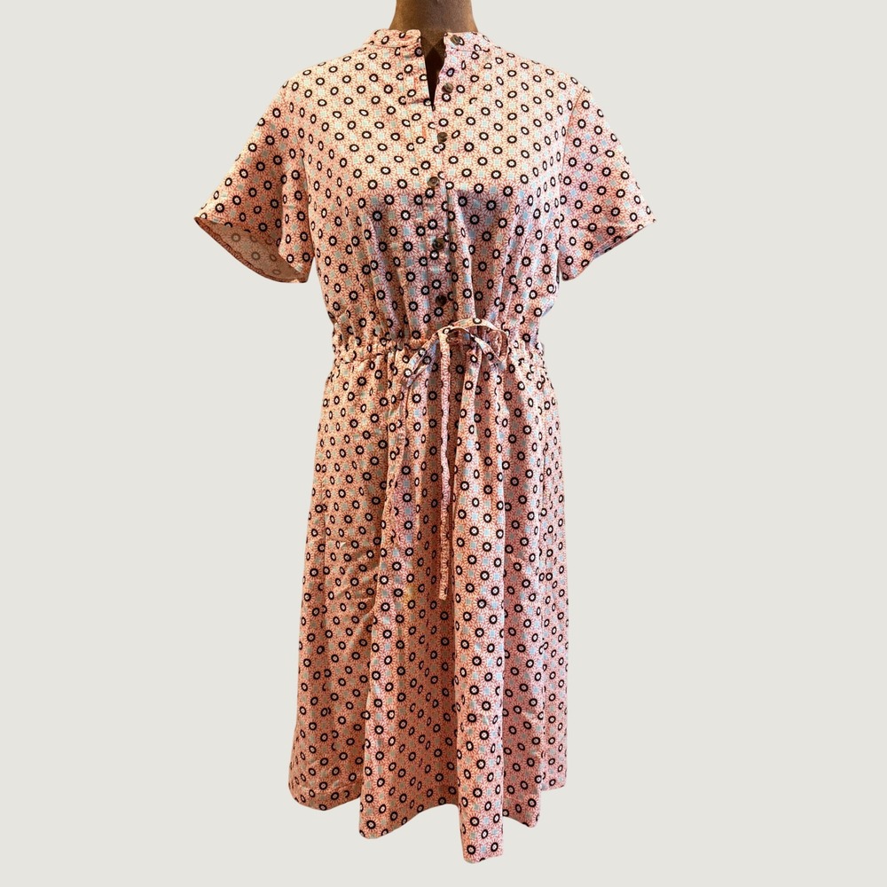 Lands' End Midi Dress Womens XS Coral Geometric Floral Cottagecore Preppy‎ Retro